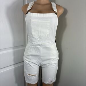 New Shortall Overalls Womens sz L Stretch Boyfriend White soft Denim Cut Off